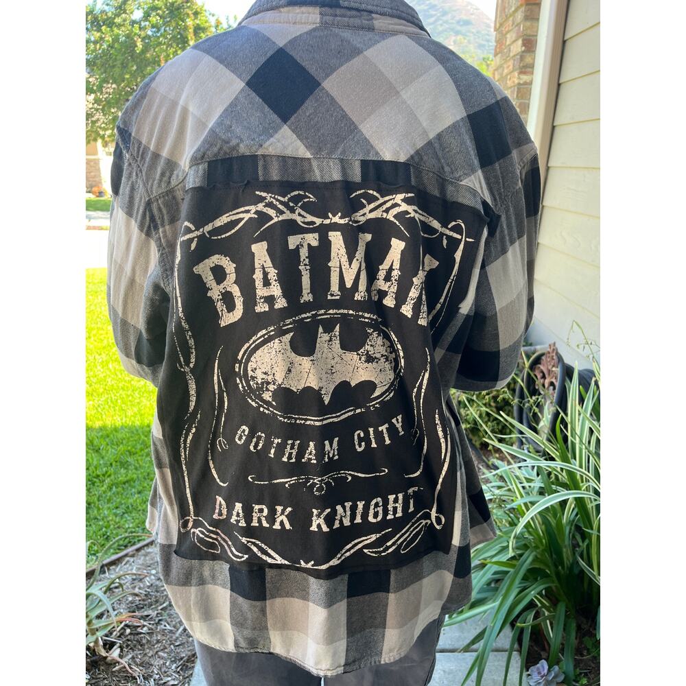 Batman Upcycled Flannel Shirt Unisex Size Large L